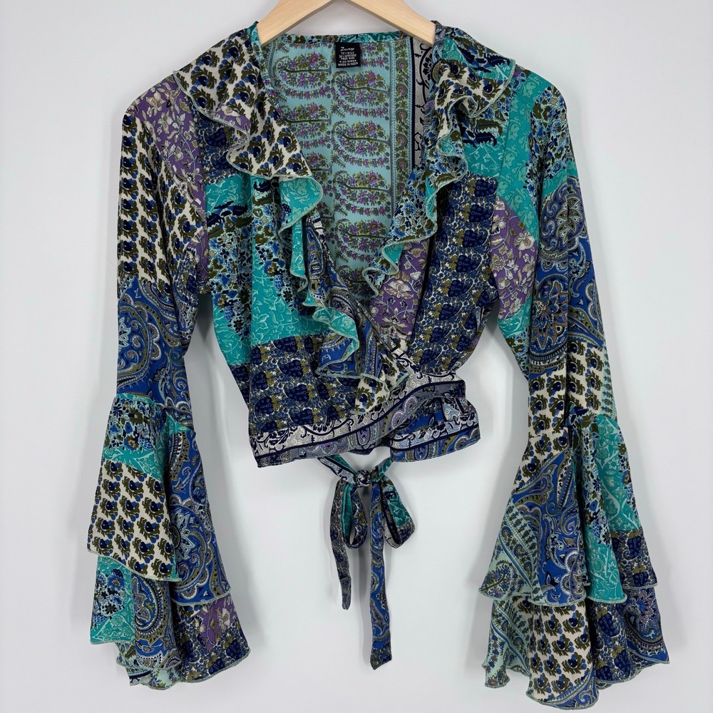 Zury Silk Blend Patchwork Paisley Ruffle Wrap Bell Sleeve Top Womens One Size